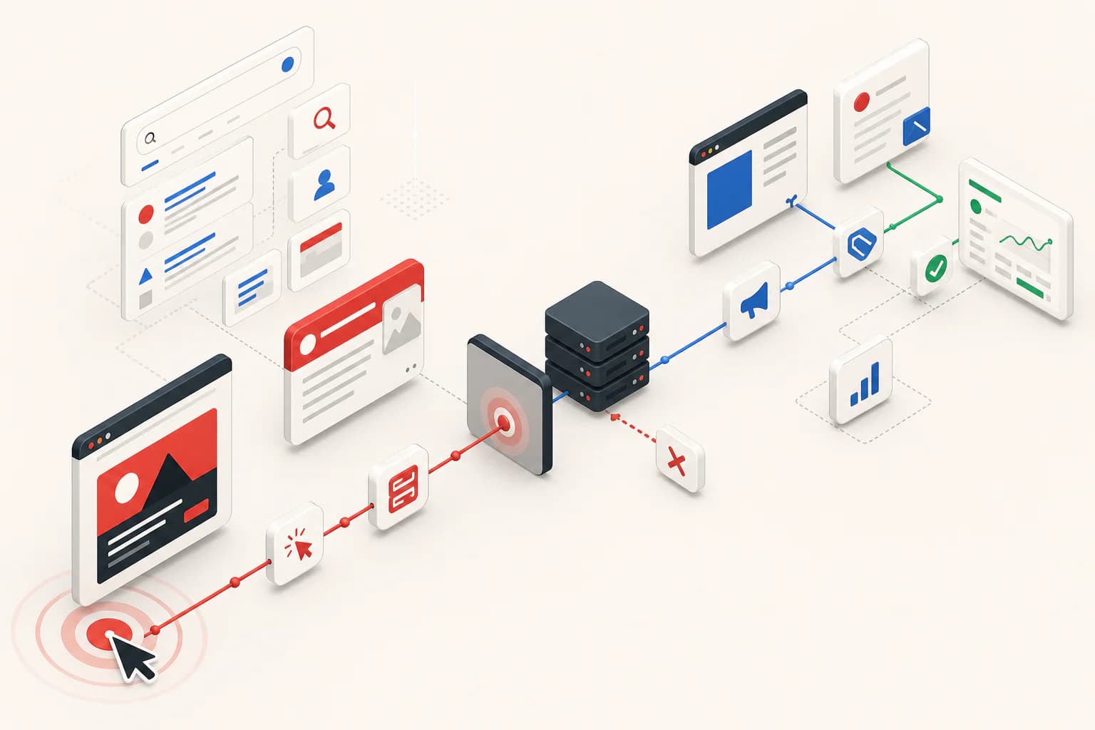 A browser event moves through connected marketing systems before the server-side measurement chain breaks.