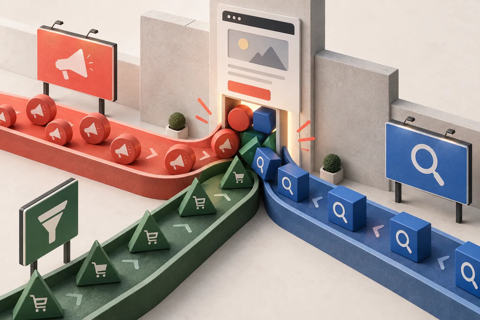 Search, advertising, and filtered journeys converge on one landing page despite asking it to do different jobs.