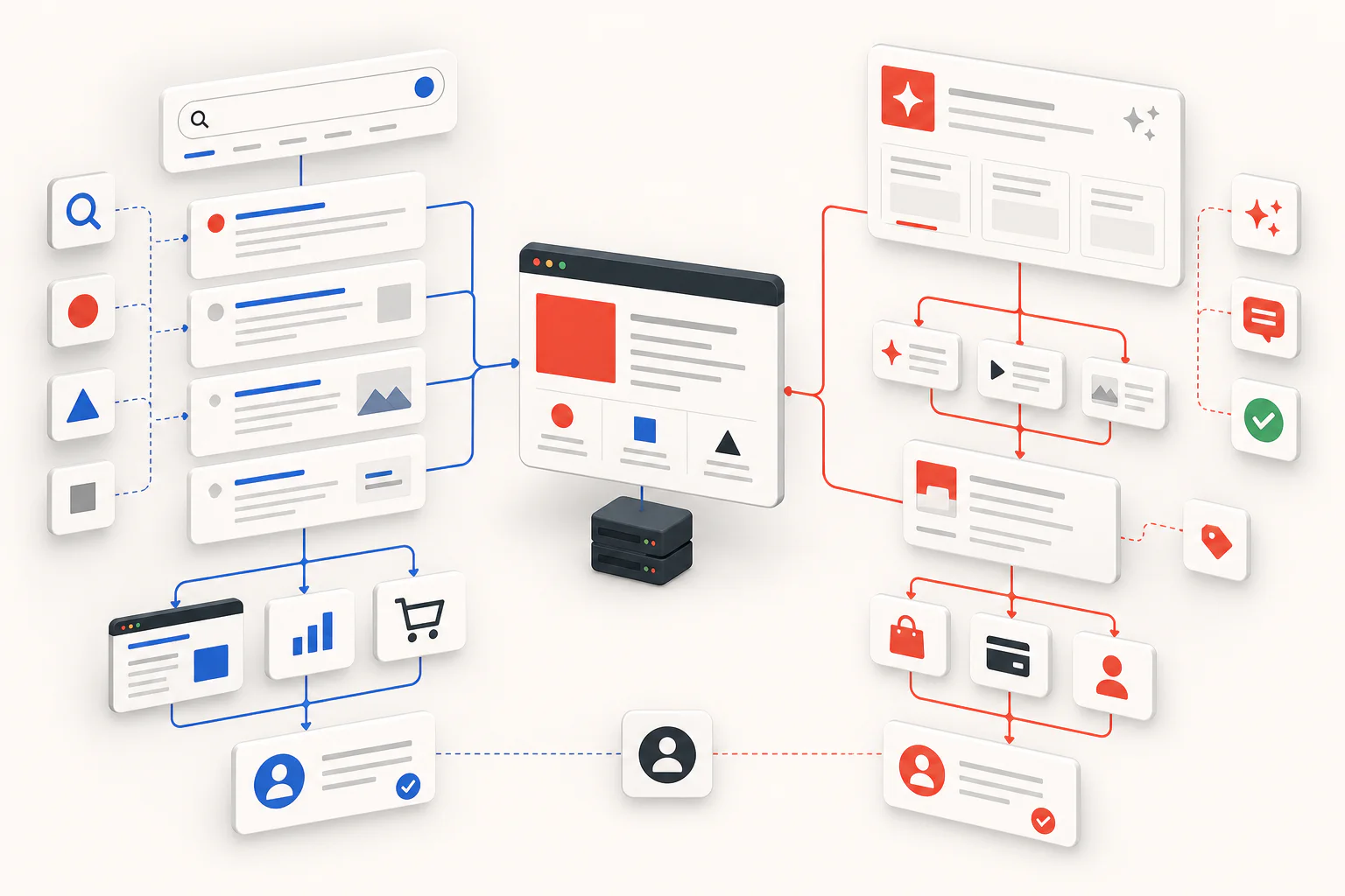 One content page feeds separate search and AI recommendation systems with different paths to an audience.