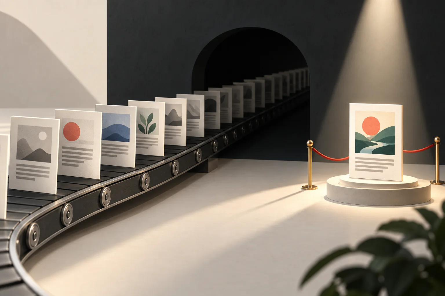 A conveyor produces many interchangeable content cards while one distinctive idea earns the spotlight.