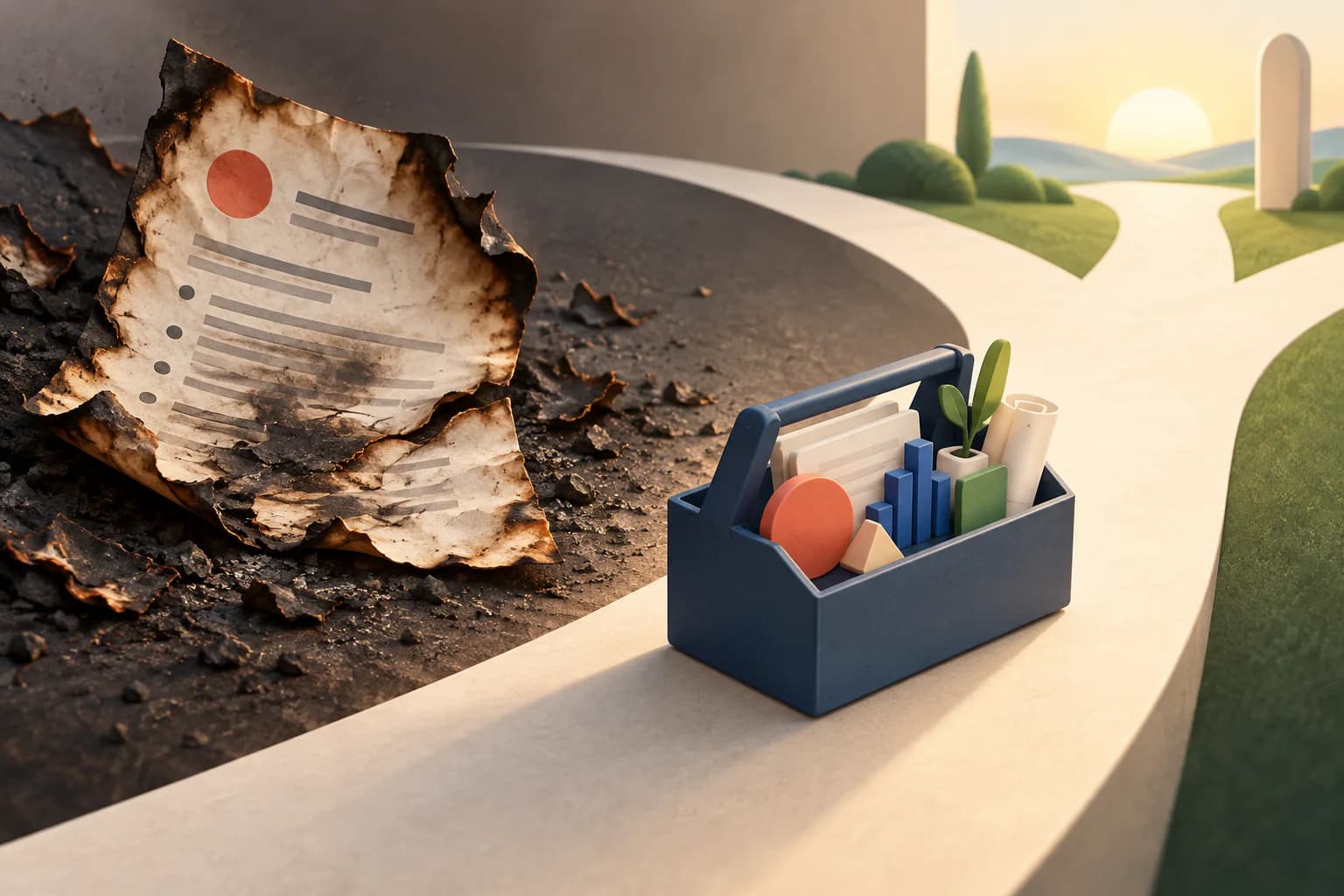 A drained marketer pauses between a tangled burnout path and a clearer set of career choices.