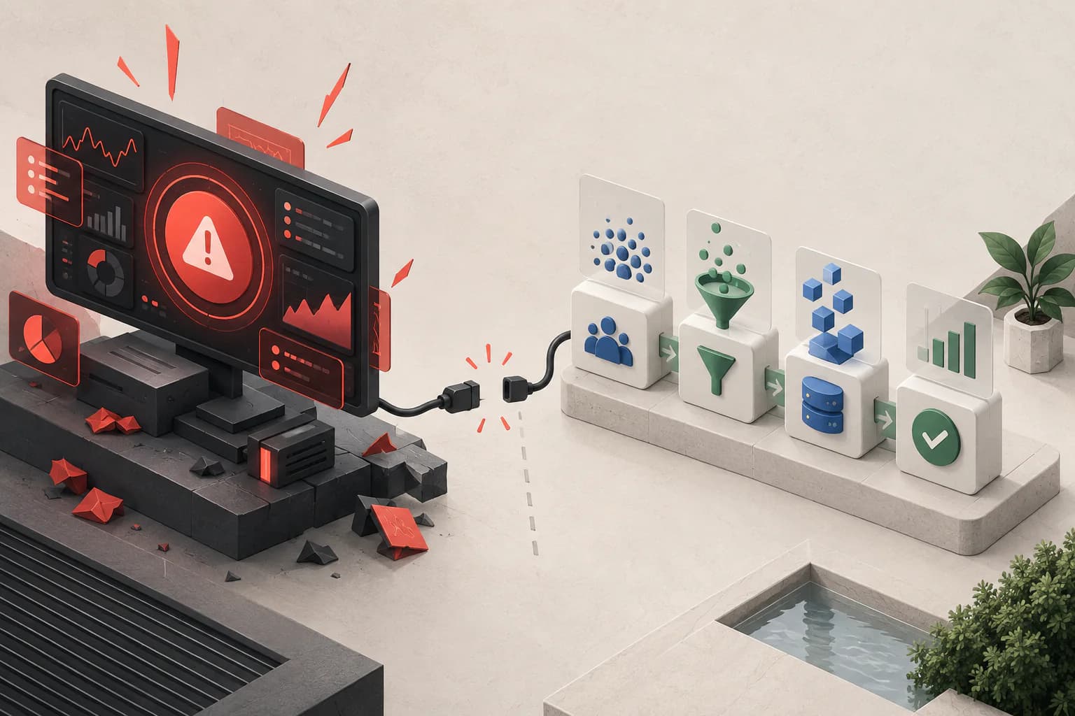An alarming realtime dashboard is unplugged from a calmer verification workflow for audience, collection, and business data.
