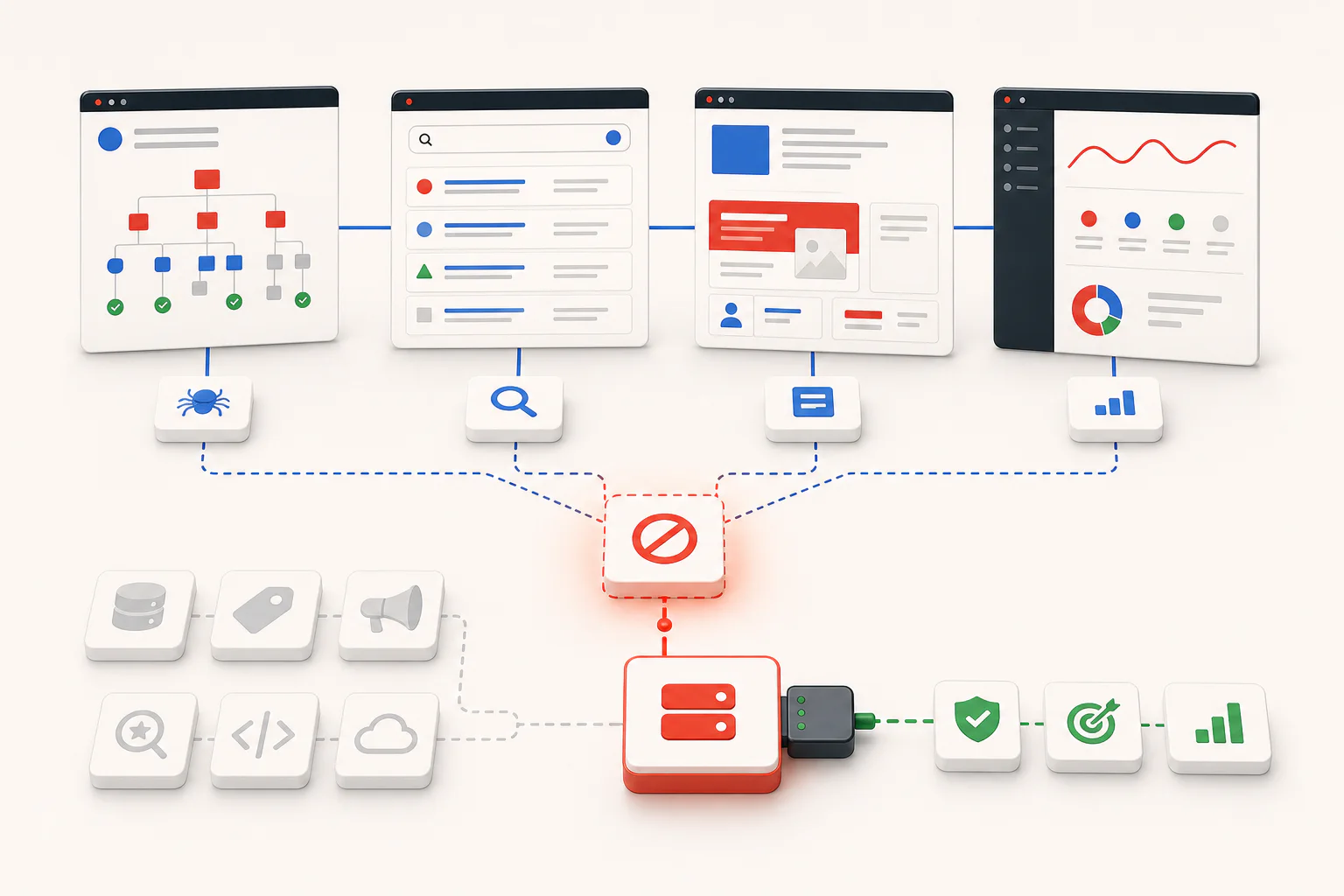 SEO workflow panels converge on one highlighted bottleneck while unrelated tool modules remain disconnected.