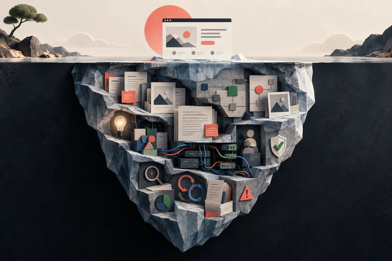 A simple webpage rests above a much larger foundation of strategy, decisions, and delivery work.