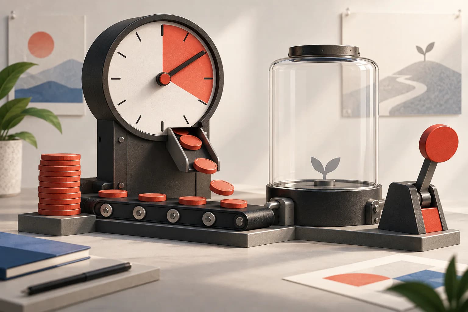 A campaign budget drains through a learning-phase clock while a decision gate waits nearby.