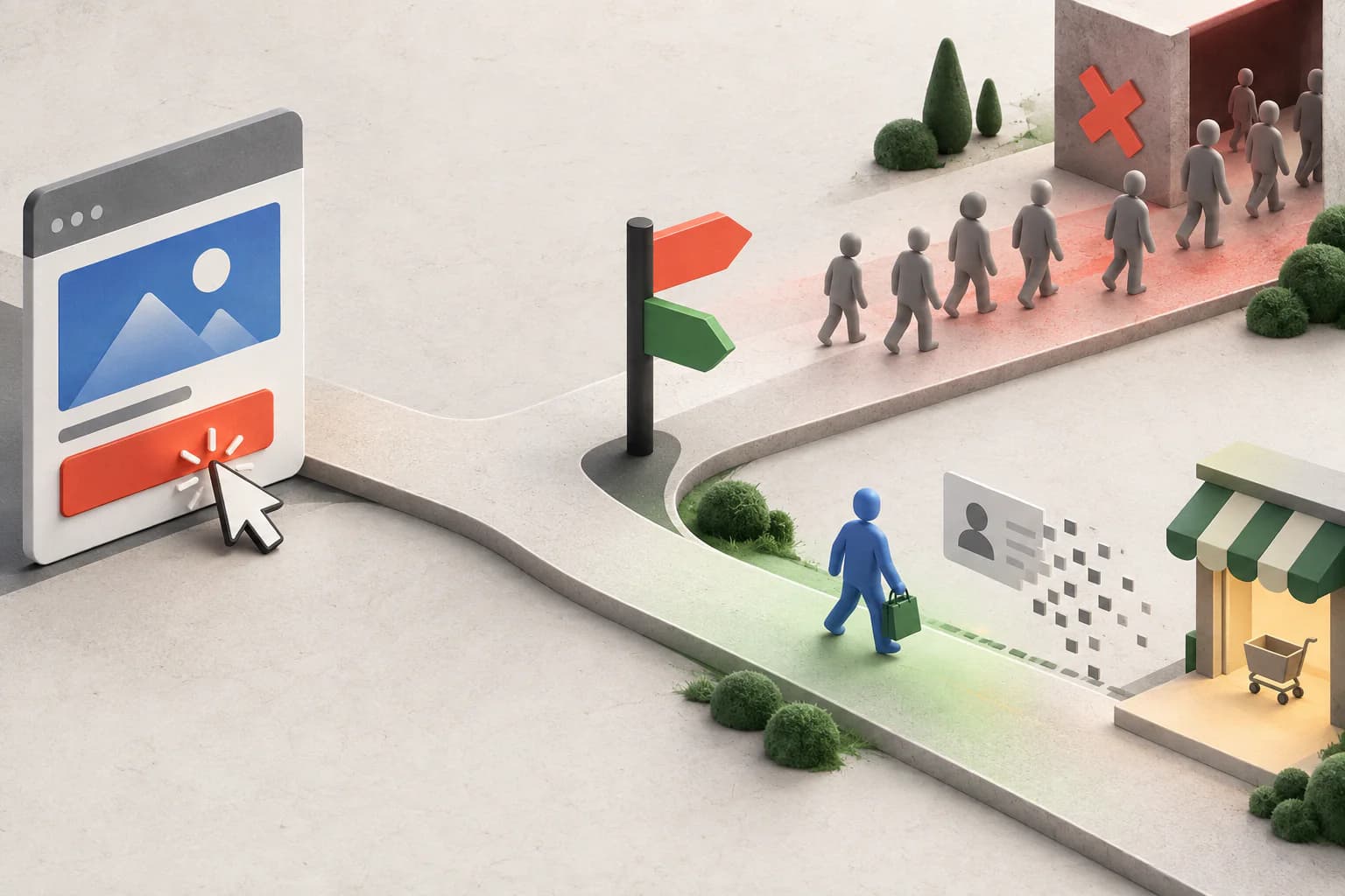 An ad click splits between an unproductive traffic path and a measurable route toward a customer outcome.