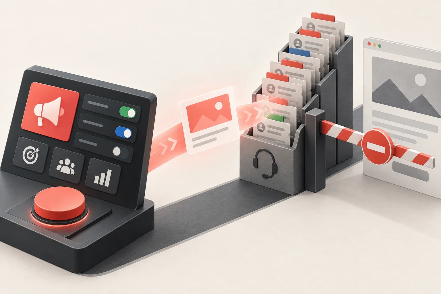 An advertising control panel points toward a landing page trapped behind a support-ticket barrier.