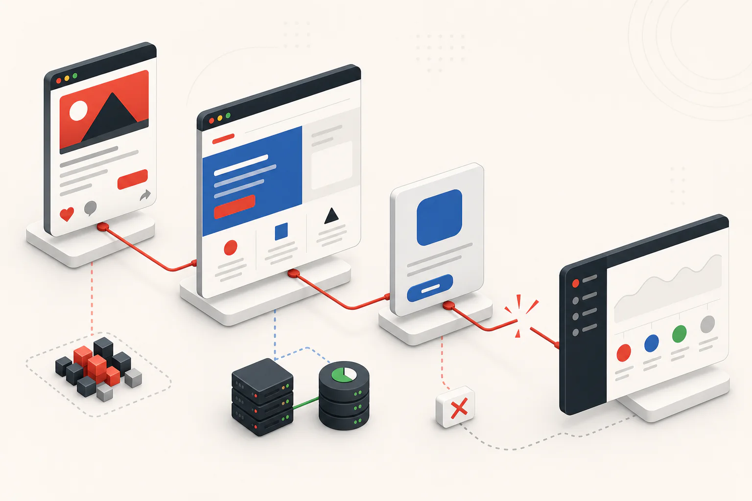 A campaign path passes through ad and landing-page panels before breaking ahead of the attribution dashboard.