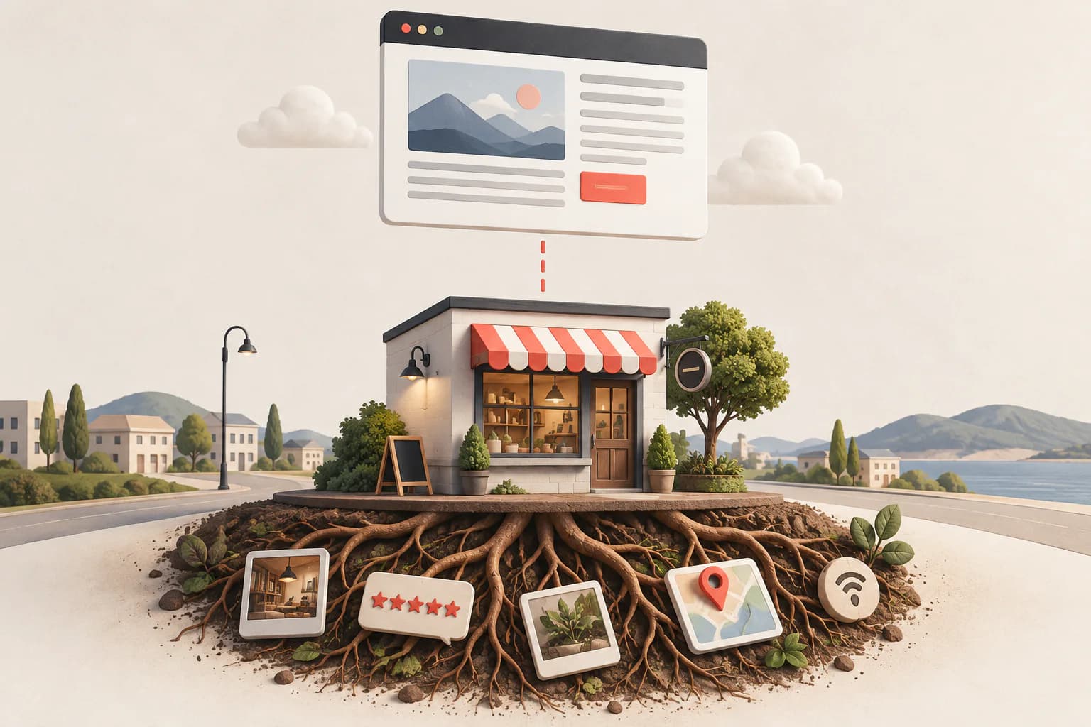 A generic blog page floats above a local storefront whose map roots and neighborhood signals remain disconnected.