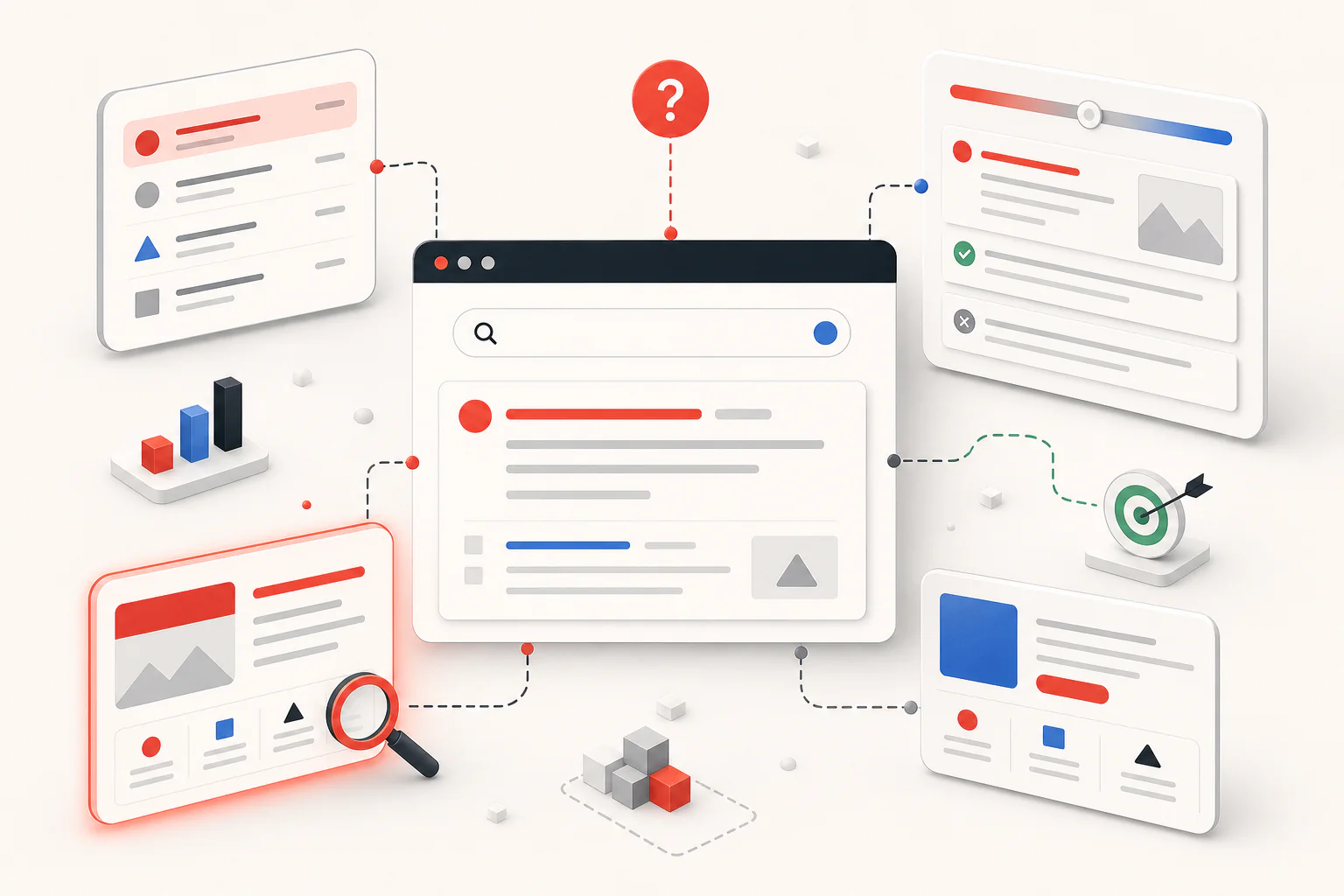 A search result is surrounded by separate diagnostic panels for ranking, query fit, snippet appearance, and landing-page promise.